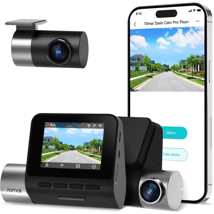 70mai True 2.7K 1944P Ultra Full HD Dash Cam Pro Plus+ A500S, Front and Rear, Built-in WiFi GPS Smart Dash Camera for Cars, ADAS, Sony IMX335, 2'' IPS LCD Screen, WDR, Night Vision