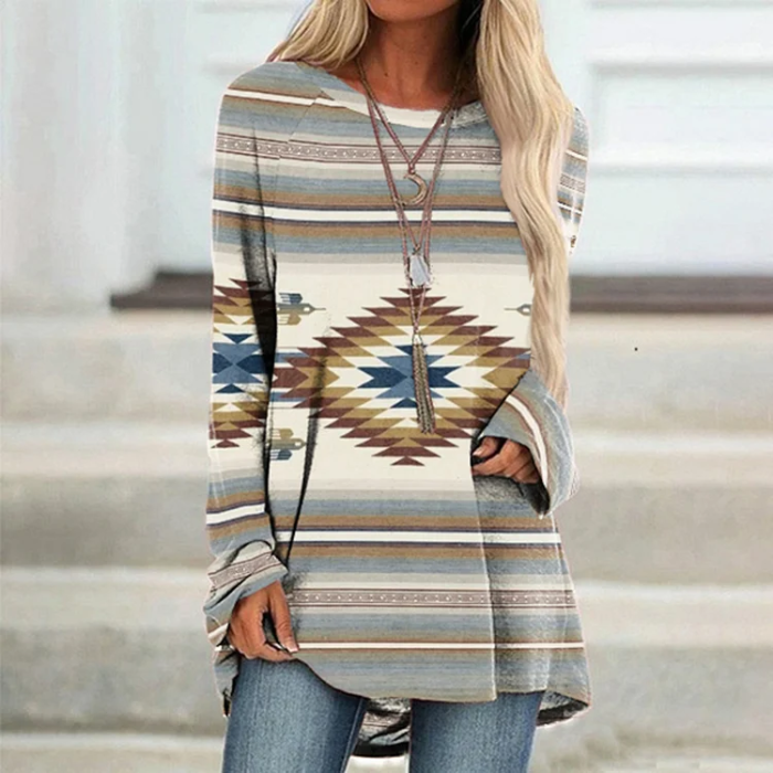 Casual Tunic - Western-inspired Print with Crew Neck Design