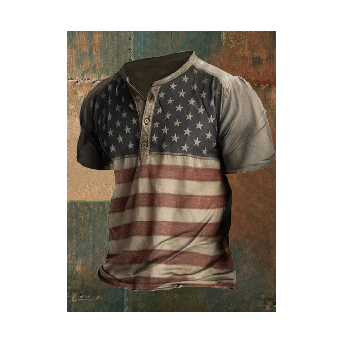 Men'sVintage American Flag Print Henley Collar T-Shirt