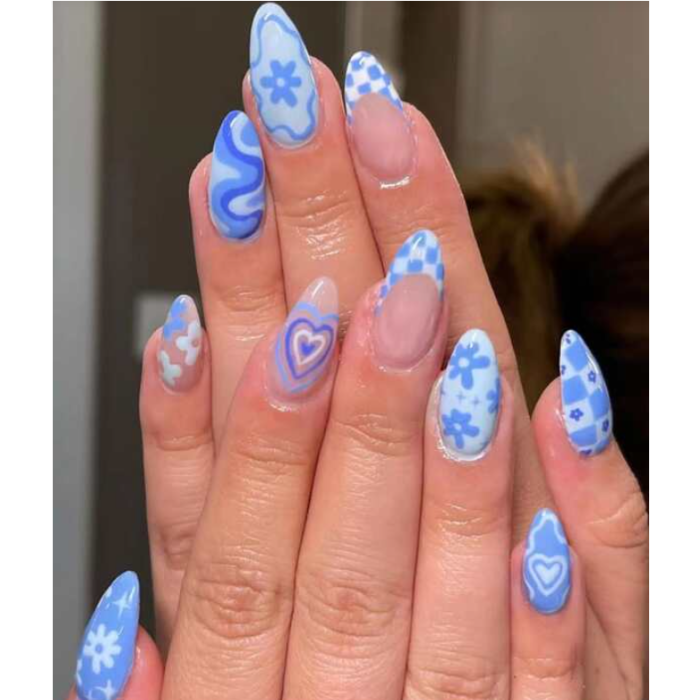 Get Glamorous with 24pcs Long Almond Blue Heart Star Floral Pattern French Fake Nail & 1sheet Tape & 1pc Nail File