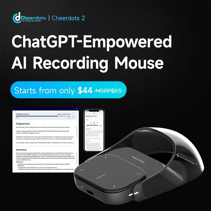 Cheerdots 2 Detachable Air Mouse Touchpad Pocket AI Recording ChatGPT Silent Wireless Mouse Business Office Mouse Gaming Mouse