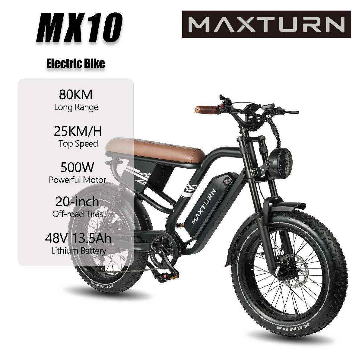 MAXTURN MX10 Adult Electric Bike 500W Motor 25 Km/h Speed 80 Km Range 48V/13.5Ah Battery 20×4-inch Tires E-bike