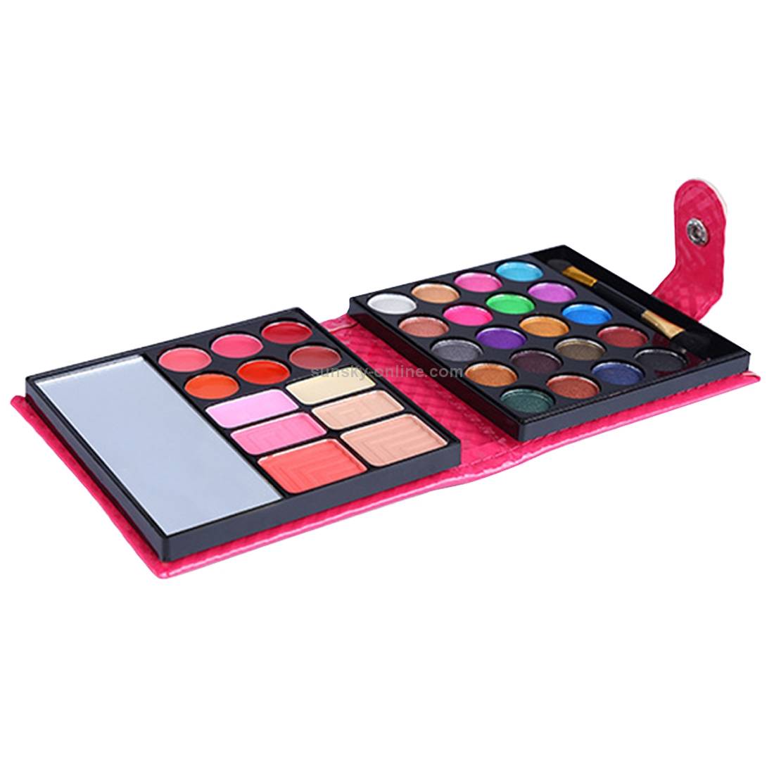 6039 32 color combinations, 20 color eye shadow palette + blush, powder, lip jelly with mirror &amp; brush / wallet style set (color: plum red)