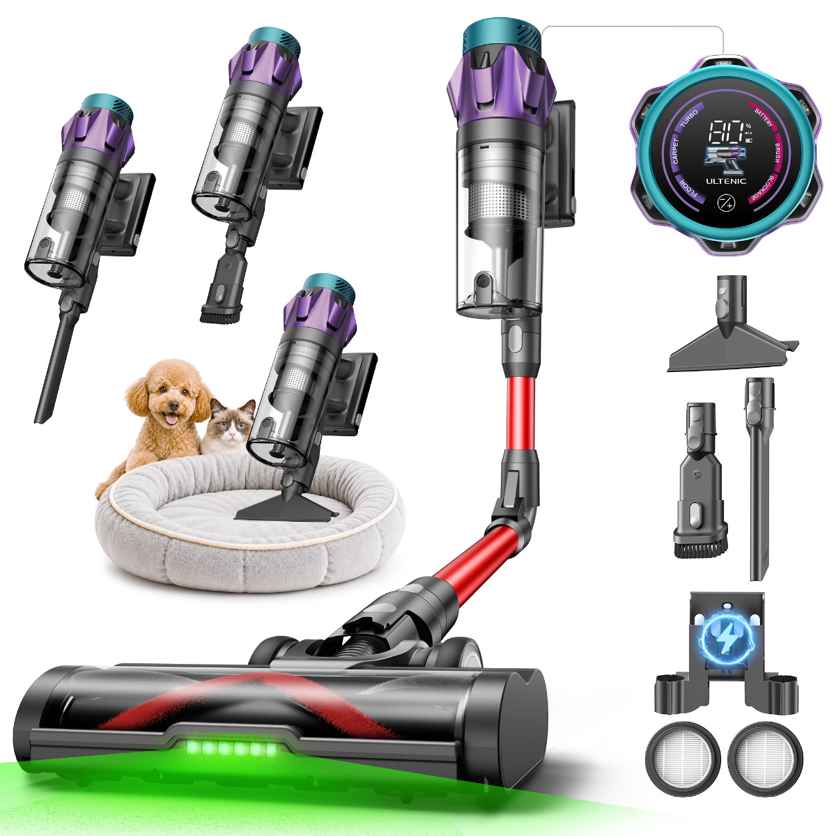 Generic Ultenic U18 Pro Cordless Stick Vacuum Cleaner – Low Noise, LED Display, 600W 55Kpa Strong Suction, 80min Max Runtime, 180° Bendable Wand, Self-Standin