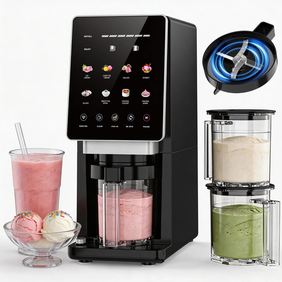 Teendow KF-2501U1 Ice Cream Maker with 8 Preset Programs, Self-Cleaning, Mix-In & Re-Spin Functions, Home Countertop Model for RVs, Trucks, Cars,