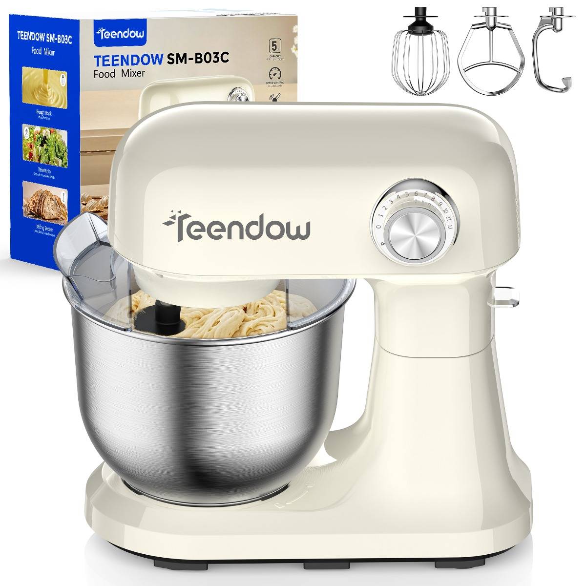 [EU Direct] Teendow SM-B03 Stand Mixer, 5Qt Tilt-Head Electric Food Mixer with 12-Level Adjustable Speed, Stainless Steel Bowl Dough Hook Whisk &