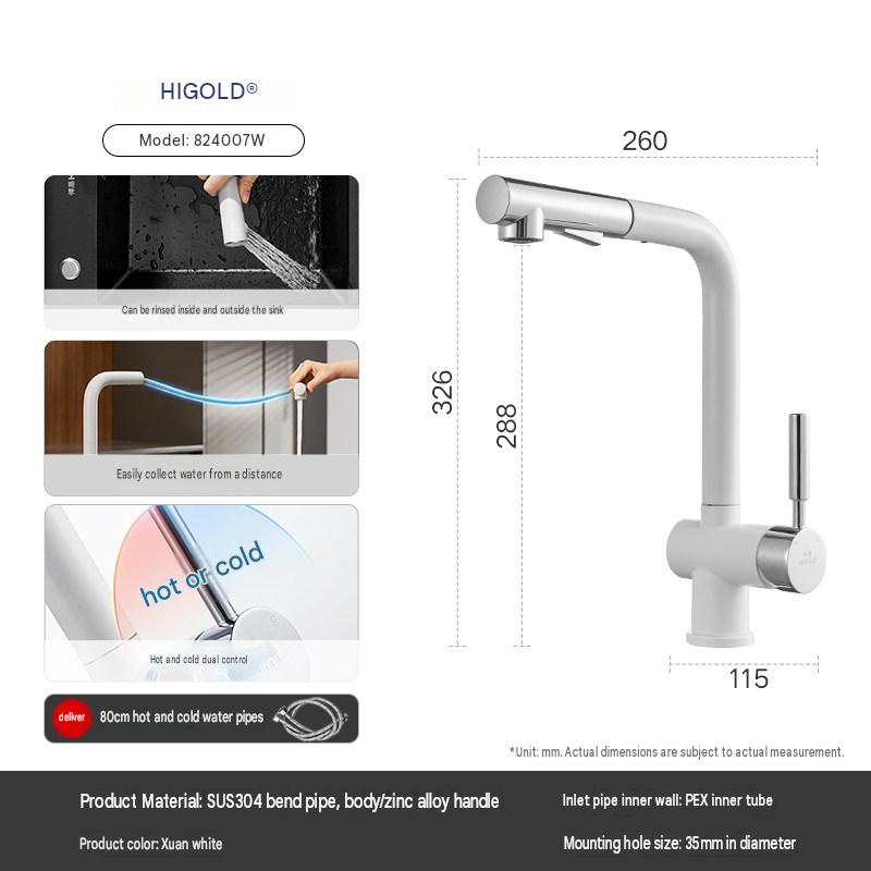 HIGOLD P-Series Pull-Out Kitchen Faucet – 304 Stainless Steel, Hot/Cold Swivel &amp; Extendable, Anti-Splash Design