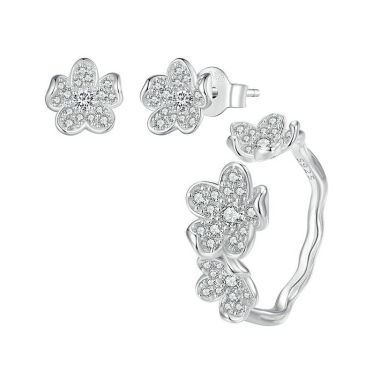 ZHS311 Sterling Silver S925 Platinum Plated Full Set Flower Earrings&amp;Open Ring Set