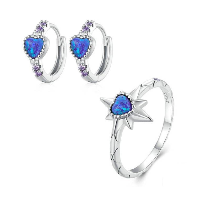ZHS312 Sterling Silver S925 Platinum Zircon Opal Ear Buckle&amp;Mang Star Ring Set