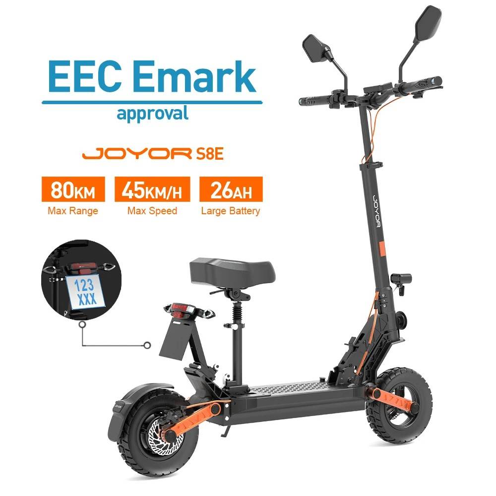 JOYOR S8E Electric Scooter EEC EMark Certified 800W Motor 48V 26Ah Battery 80km Max Range 10 Inch Wide Tires 45kmh Speed Dual Disc Brakes Front and Re