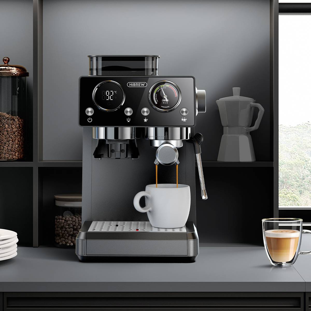 HiBREW H20 Espresso Machine with Built-in Grinder — Single/Double Cup, PID Temperature Control & Milk Frothing
