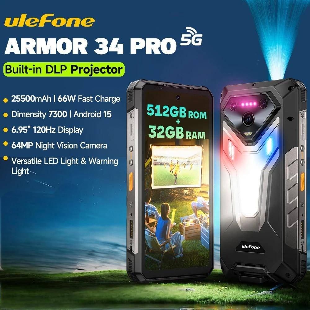 【2025 New】Ulefone Armor 34 Pro 5G AI Rugged Phone 25500mAh Up to 32GB+512GB Built-in Projector 120Hz 6.95" NFC Smartphone