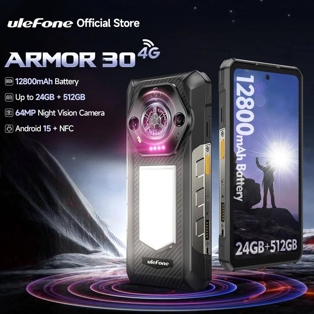 Ulefone Armor 30 Rugged Phone 12800mAh 24GB+512GB Smartphone 120Hz Android 15 NFC Night Camera