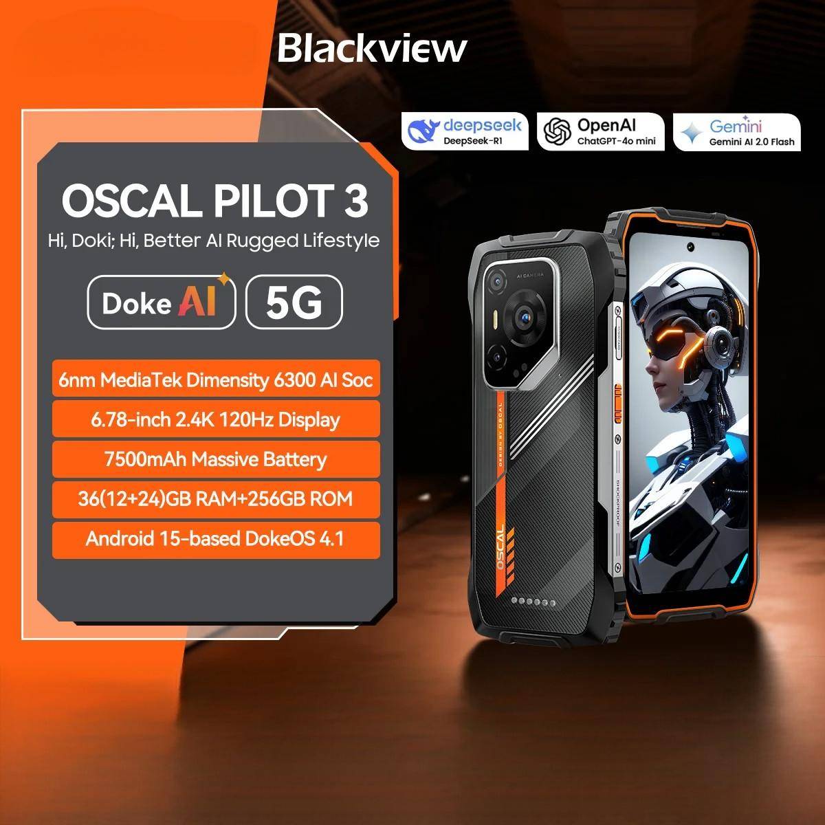 Blackview OSCAL PILOT 3 5G AI Rugged Smartphone MTK 6300, 6.78" 2.4K Display 120Hz, 12GB 256GB, 7500Amh Phones