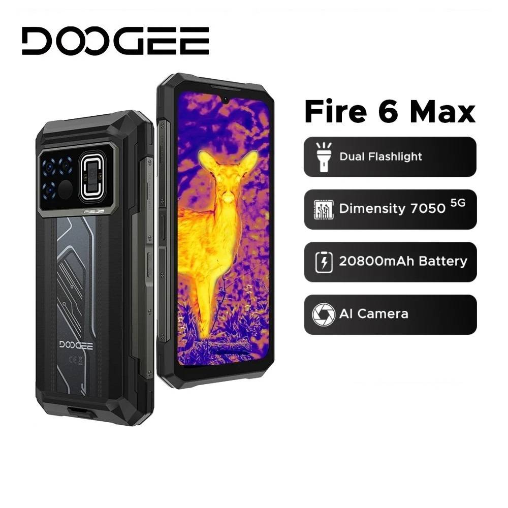 DOOGEE Fire 6 Max 5G Rugged Phone Thermal imaging 6.72" FHD+ 120Hz IPS Flashlight Dimensity 7050 20800mAh Battery