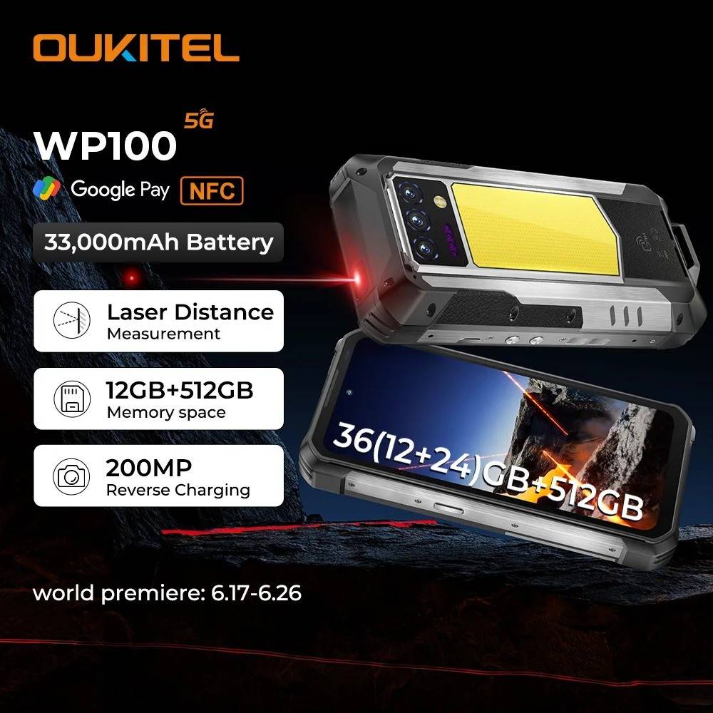 Oukitel WP100 5G Rugged Smartphone Rangefinder 33000mAh 12GB+512GB 66W Android14 Mobile Phone 6.8"FHD+ 200MP Camera