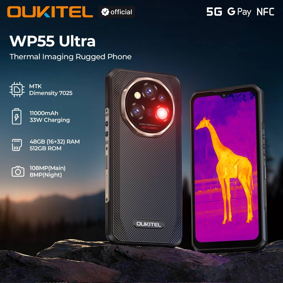 OUKITEL WP55 Ultra Rugged Phone - Thermal Imaging 5G Smartphone, MTK 7025, 48+512GB, 11000mAh, 108MP, 6.6" NFC Android 15