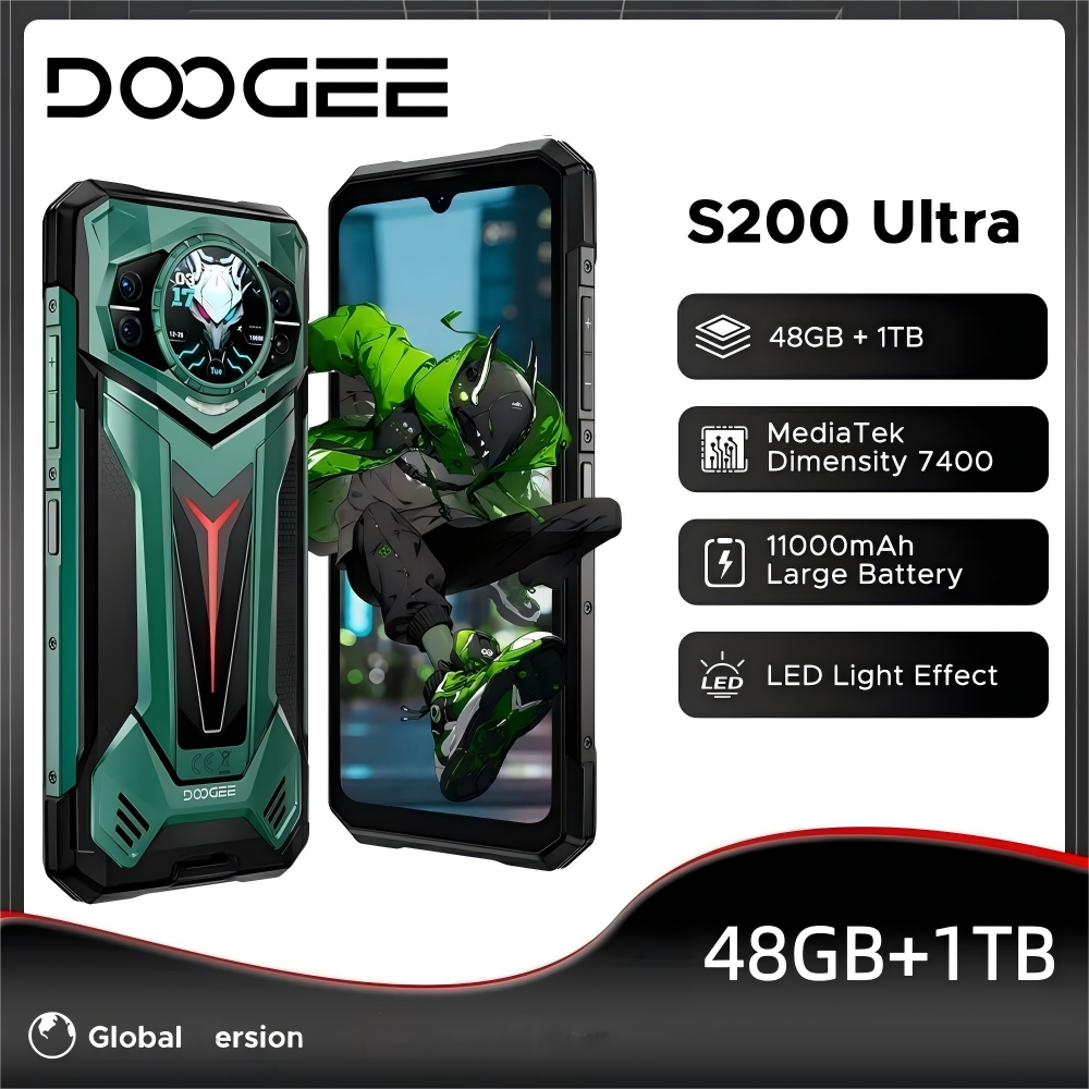 DOOGEE S200 Ultra 5G AI Rugged Phone 48GB+1TB Light Effect 1.34" Rear Display Dimensity 7400 11000mAh 66W NFC WiFi6E Smartphone