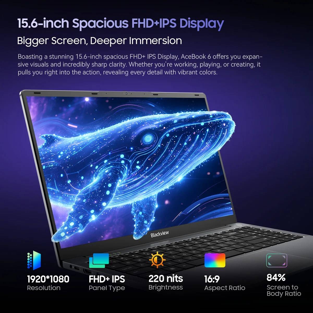 Blackview AceBook 6 Laptop 15.6'' FHD+ IPS Screen Intel Twin Lake N150 CPU 16GB DDR4 512GB SSD 36Wh Battery Windows 11 Notebook