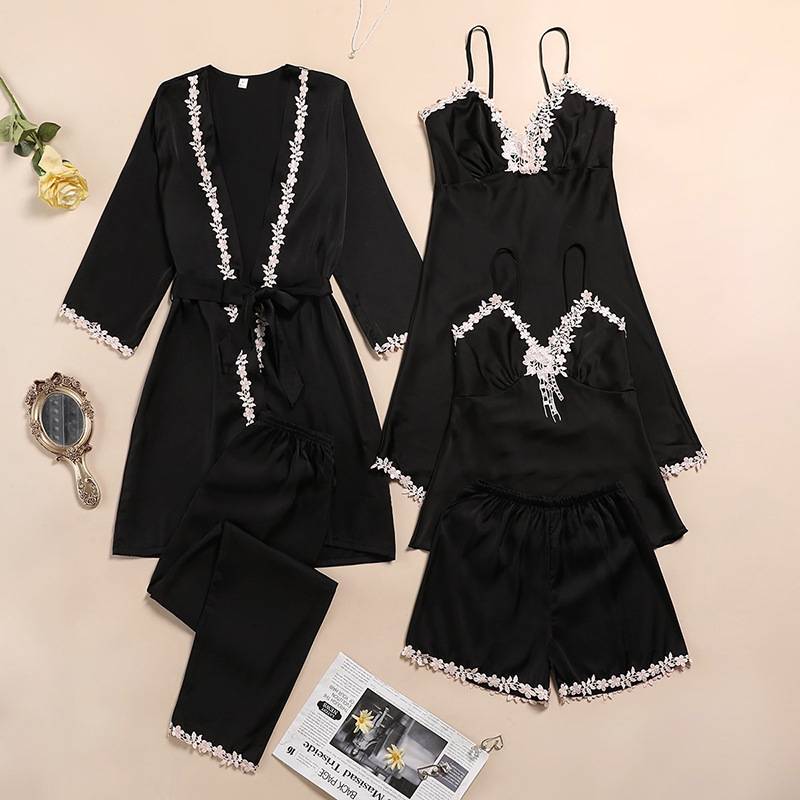 Ice silk pajamas women&#039;s summer five-piece long-sleeved suspender nightdress thin section sexy lace with chest pad home clothes