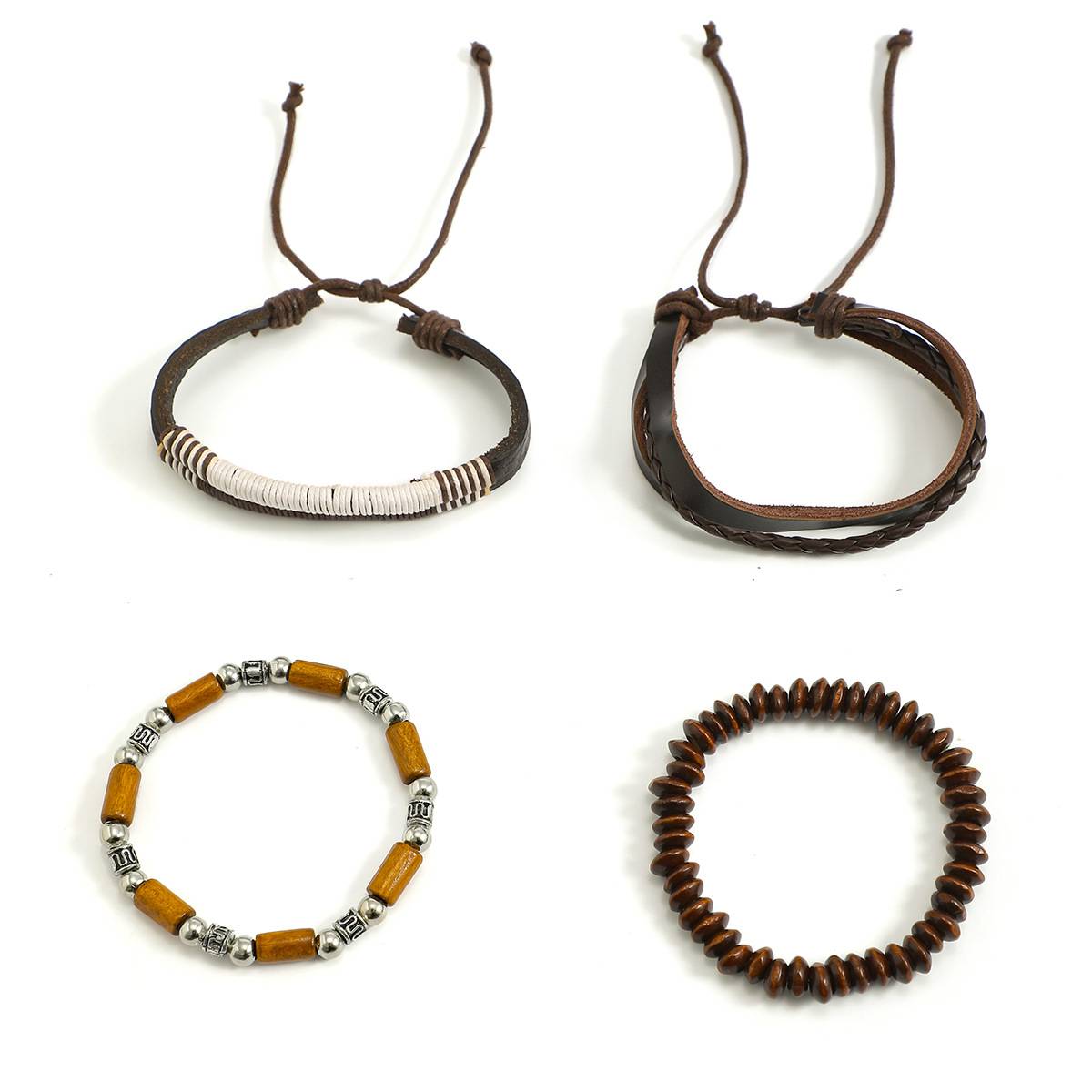 Hot Sale European and American Retro Wooden Beads PU Bracelet Men&#039;s Simple Beaded Stitching Bracelets Leather Hand Rope Men&#039;s Jewelry