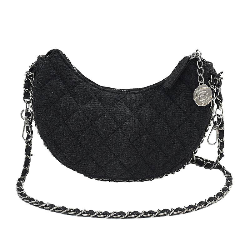 Denim bag women&#039;s new 2023 fashion rhombic chain Messenger bag Niche summer casual all-match crescent bag