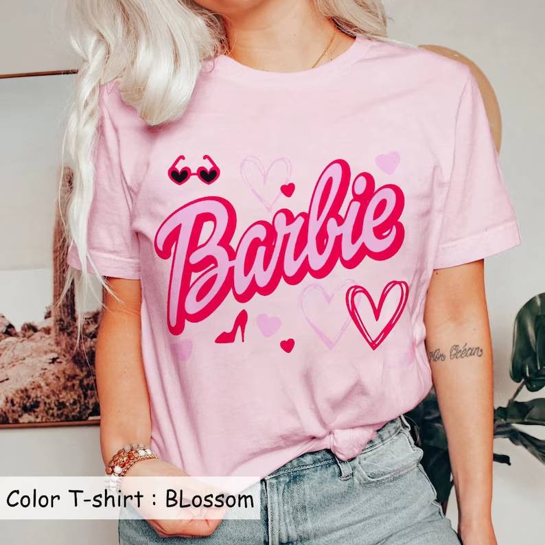 Barbie Pink Casual Style Fashion Short Sleeve Women&#039;s T-Shirt Printed Round Neck
