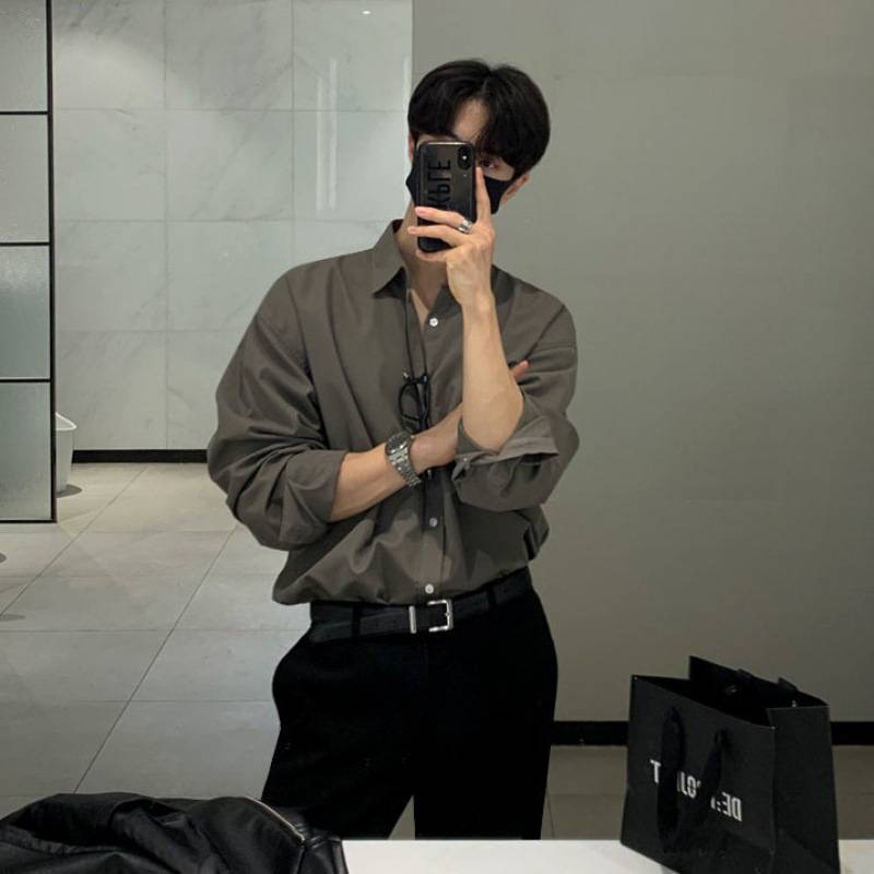 Long sleeved shirt men&#039;s autumn senior sense men&#039;s Korean version slim fitting inch shirt coat men&#039;s solid casual shirt