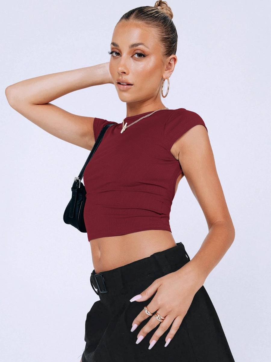European and American fashion Y2K summer sexy backless nylon moisture wicking comfortable breathable short-sleeved slim top T-shirt for women