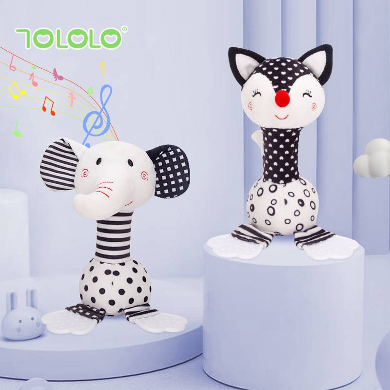 Black and white hand bell baby cartoon fox elephant hand stick plush toy