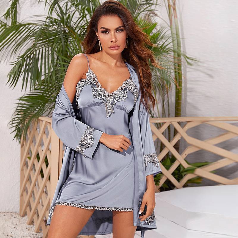 European and American style pajamas women&#039;s ice silk fashion sexy pattern imitation silk ladies five-piece set suspenders shorts nightgown home