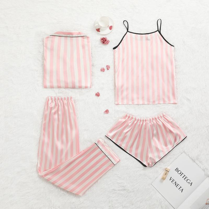 new spring and summer fashion women&#039;s ice silk four-piece suspender pajamas women&#039;s thin striped sweet home clothes