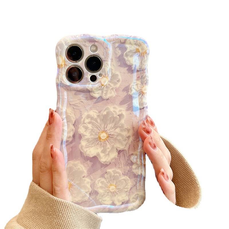 Wavy Edge Laser Floral Flowers Phone Case for iPhone 14 Pro Max 13 12 Pro Max 11