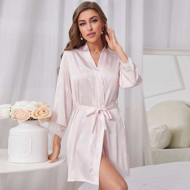 Ice silk nightgown women&#039;s summer new sexy lace long-sleeved morning gown mid-length large size silk bathrobe home service