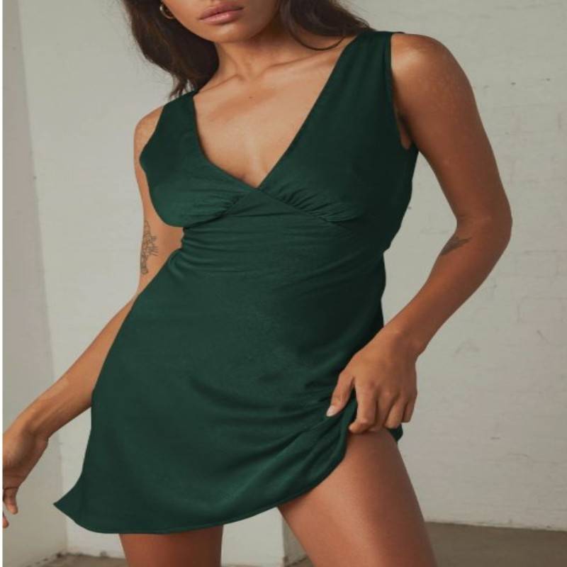 Temperament Retro American Light Mature Style V-Neck Ruffle Edge Fragmented Flower Slim Fit Double Layer Mesh Suspender Dress Lo