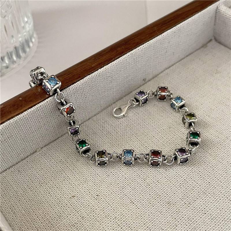 S925 Sterling silver color Rubik&#039;s Cube patchwork vintage bracelet
