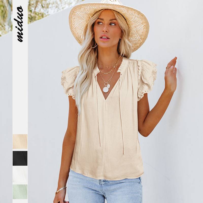 GMD 2023 Summer hot sale New V Collar lace-up flounce sleeve casual fashion women&#039;s clothing satin