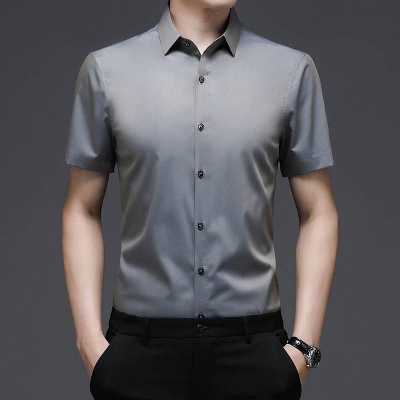 Short-Sleeved Shirt Men&#039;s Non-Iron Business Casual Pure Color Thin Silky Bamboo Fiber Summer New Clothing