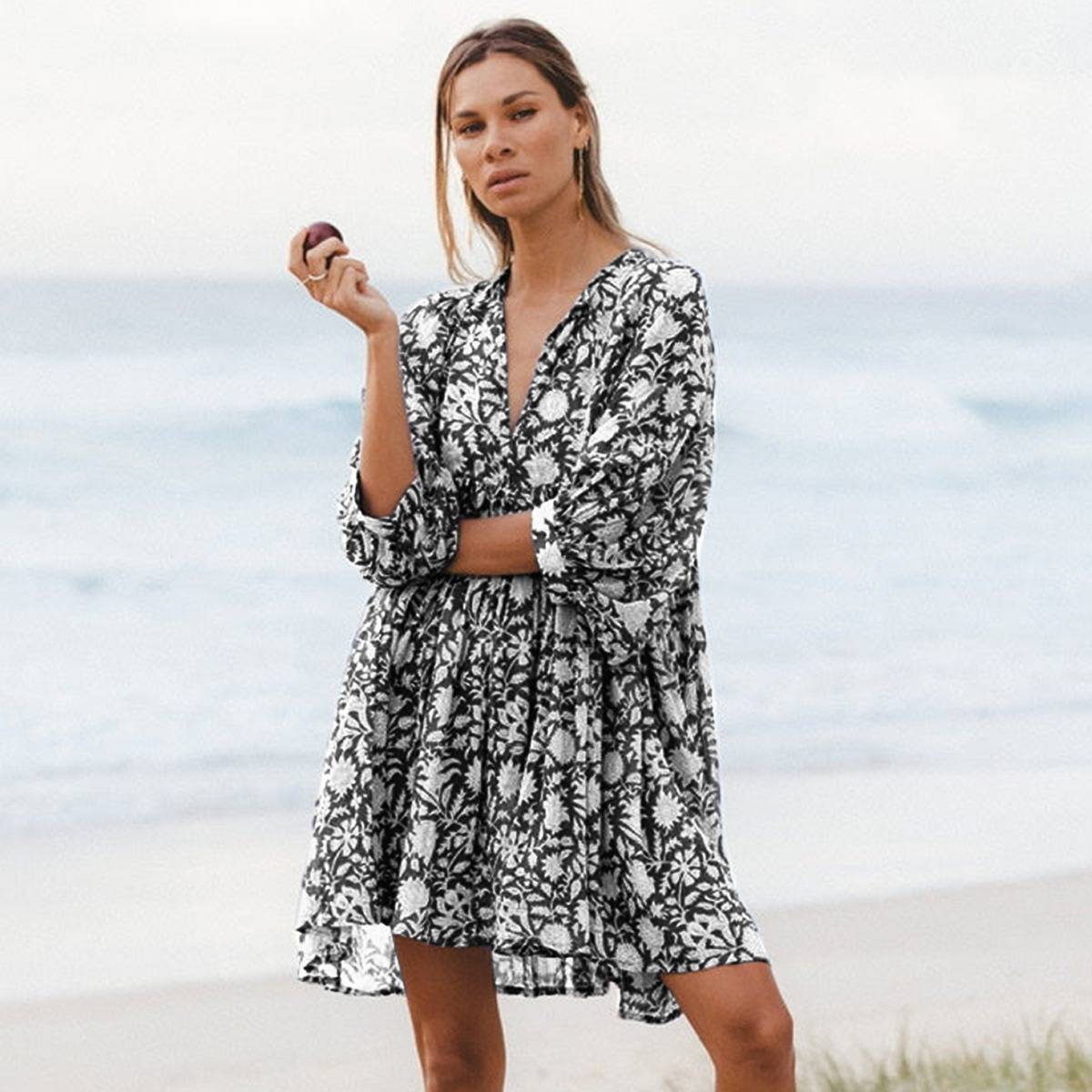 2023 summer European and American fashion women&#039;s floral floral tied rope loose casual cotton dress seaside holiday short skirt on behalf of the