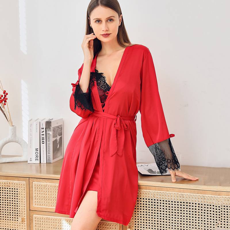 Sling pajamas women&#039;s spring and summer new ice silk sexy lace nightdress nightgown two-piece suit cross-border thin section home service