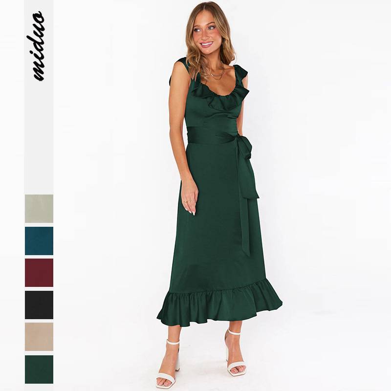 Jtfur New Design Ladies Elegant Sleeveless Skirt Ruffled Satin Women Casual Dresses