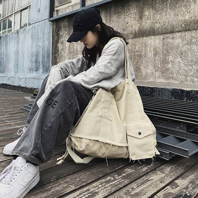 Ragged Vintage Hip Hop Messenger Bag Irregular Canvas Bag Women&#039;s Tote Bag