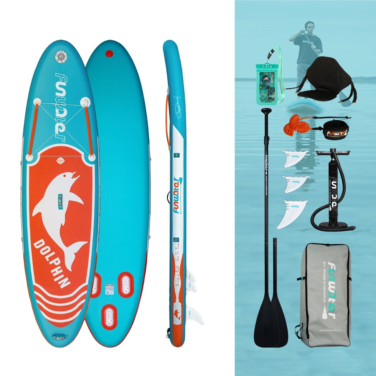 FunWater Dolphin Inflatable Stand Up Paddle Board 10.6'' Long 33'' Wide 6'' Thick