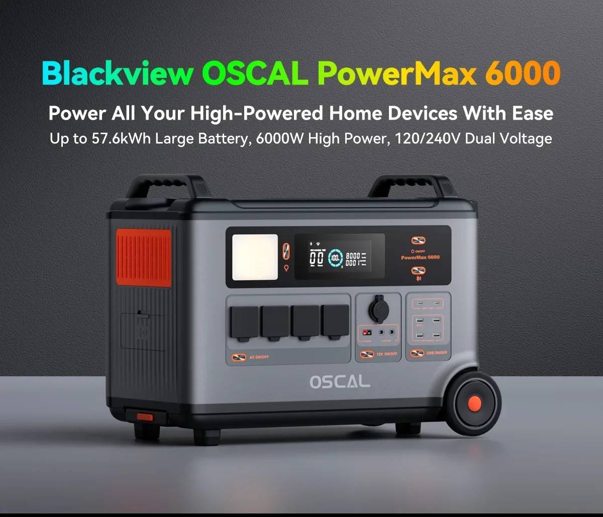 Blackview Oscal PowerMax 6000 6000W Rugged Power Station, 3600Wh LiFePO4 Battery, 14 Outlets, 3500+ Life Circle, Smart APP Control, 5 LED Light Modes,