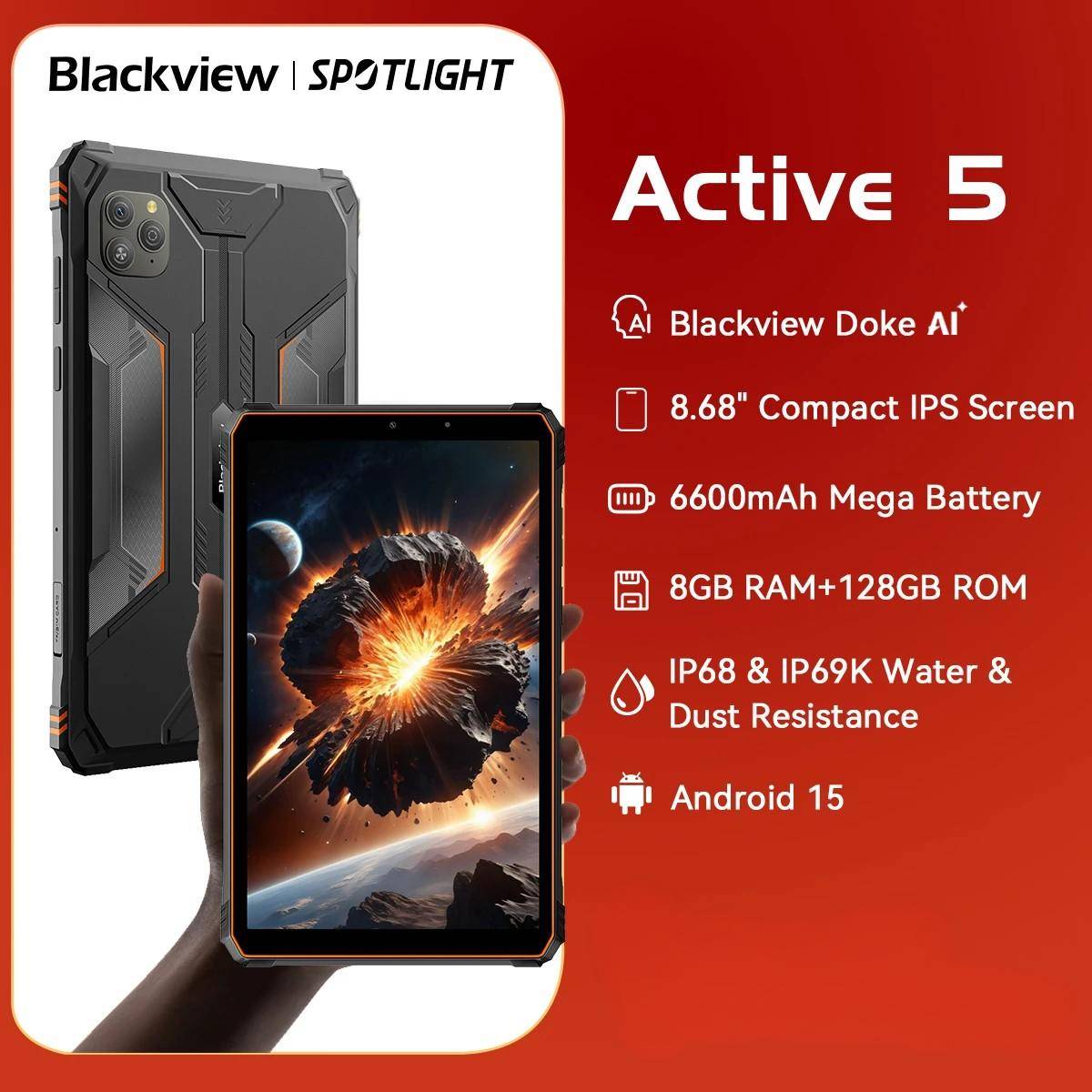 Blackview Active 5 8.68'' Rugged Tablet PC, Android 15 Unisoc T615 Octa Core, 8GB RAM 128GB ROM AI Mini Pad, 6600mAh/18W