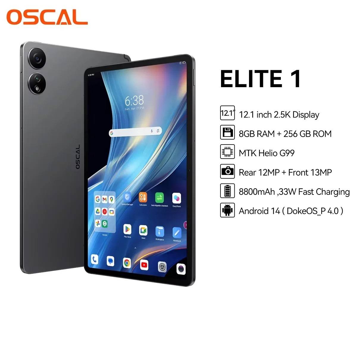 OSCAL ELITE 1 Tablet Android 14, 12.1 inch 2.5K Display MTK Helio G99 8GB 256GB 8800mAh Battery 33W Fast Charging
