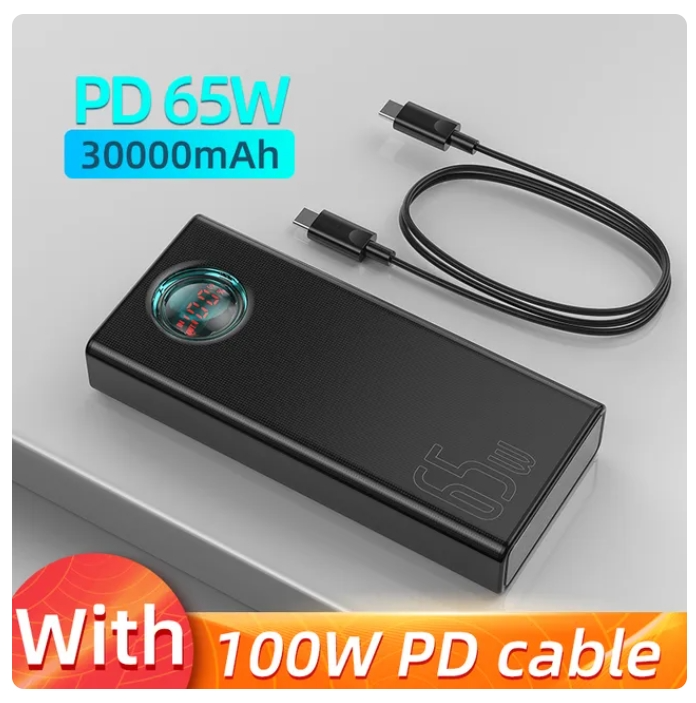 Baseus 65W Power Bank 30000mAh PD Quick Charge FCP SCP Powerbank Portable External Charger For Smartphone Laptop Tablet