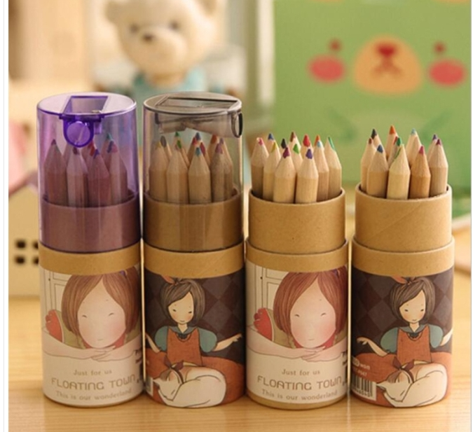12 pcs sold in one kraft paper box floating girl multicolor pencils 12 colors rollers cap pencils color pencils drawing pencils coloring pencils color