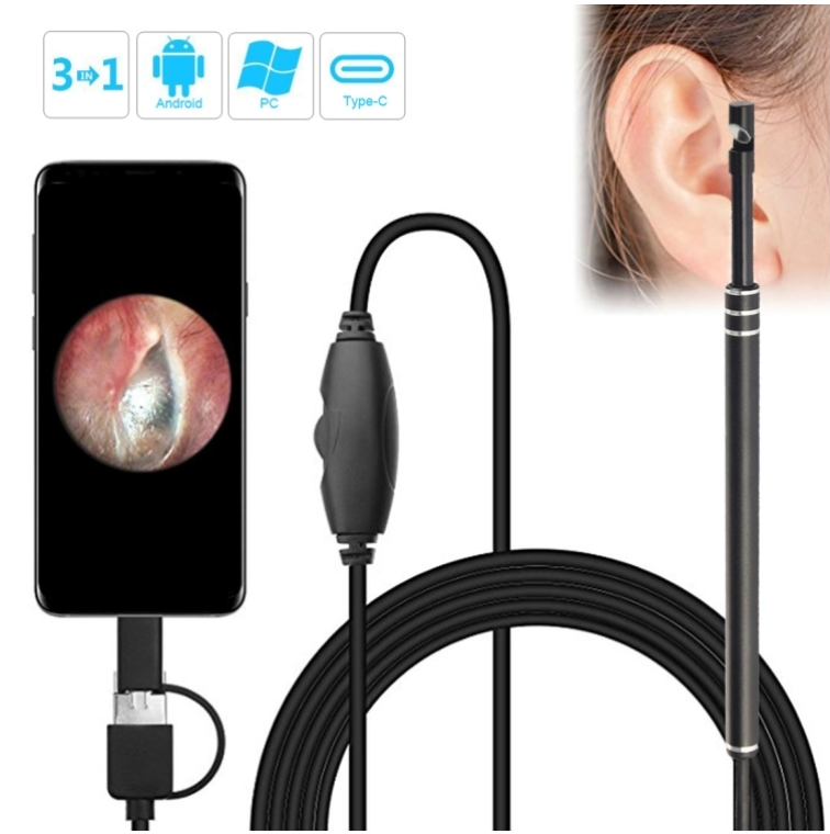 i96 3 in 1 USB Ear Scope Inspection HD 0.3MP Camera Visual Ear Spoon for OTG Android Phones &amp; PC &amp; MacBook, 1.85m Length Cable(Black)