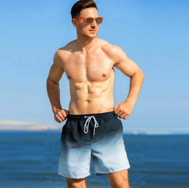 INS net red explosion gradient swimming trunks men loose print four flat shorts Amazon men&#039;s beach trousers